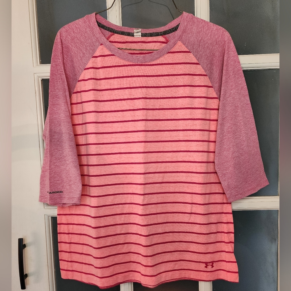 🔴 Under Armour Large Pink Striped Ragland Tee